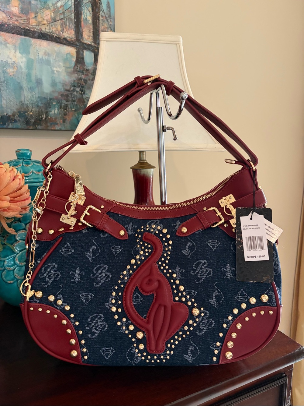 NWT Baby Phat Denim and burgundy shoulder bag